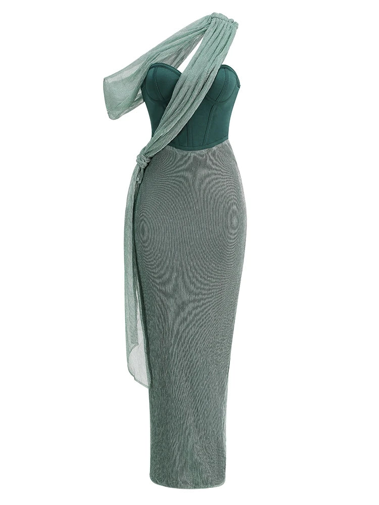 PENNY - שמלת מקסי כתף אחת דרייפ נצנצים קורסט