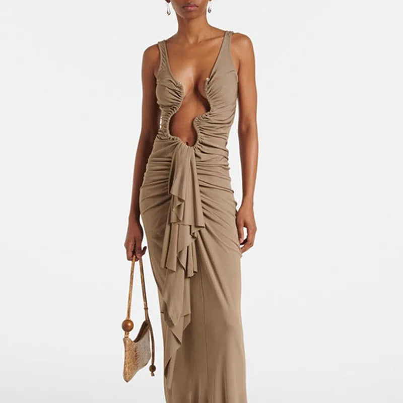 JUNE - שמלת מקסי דרייפ א-סימטרי מחשוף עמוק כתפיות