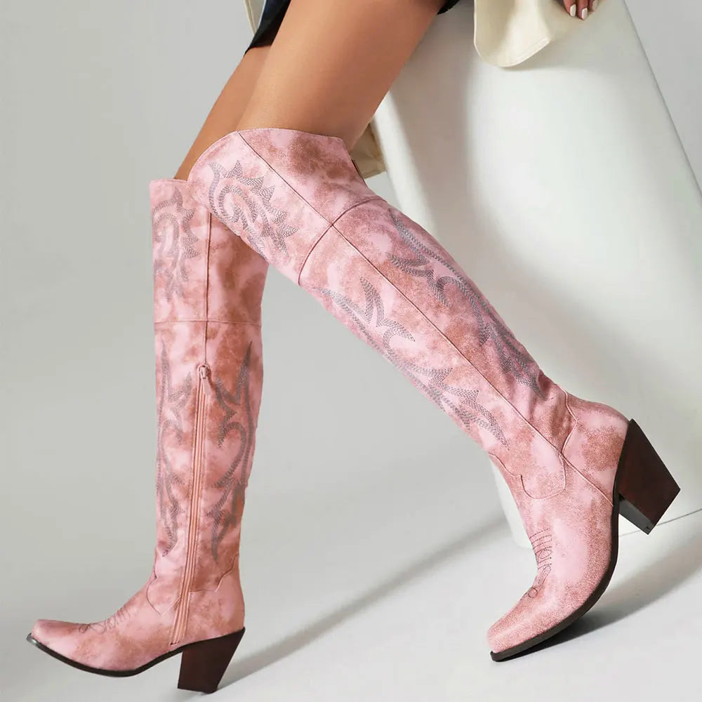 BLAZE - מגפי קאובוי מעל הברך עם רקמה עקב גבוה