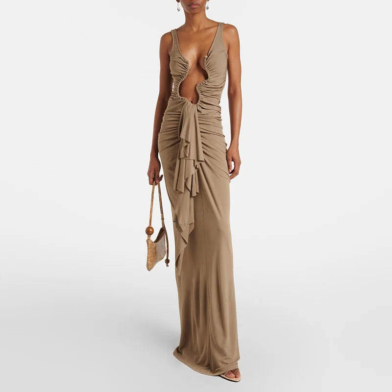 JUNE - שמלת מקסי דרייפ א-סימטרי מחשוף עמוק כתפיות