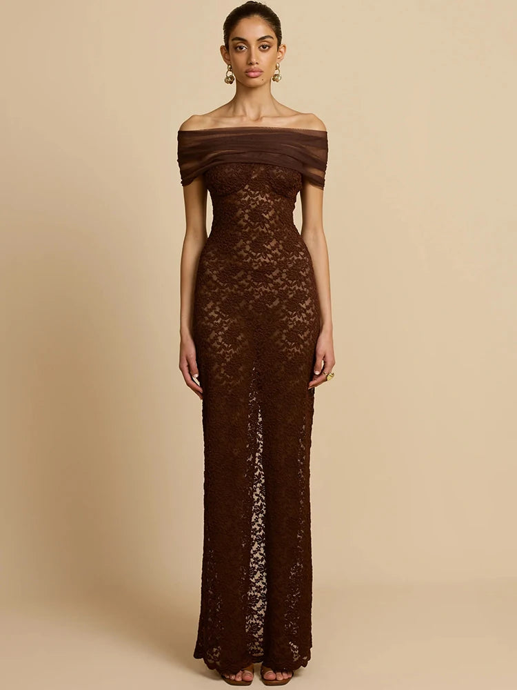 KEIRA - שמלת ערב מקסי אוף שולדר עם תחרה