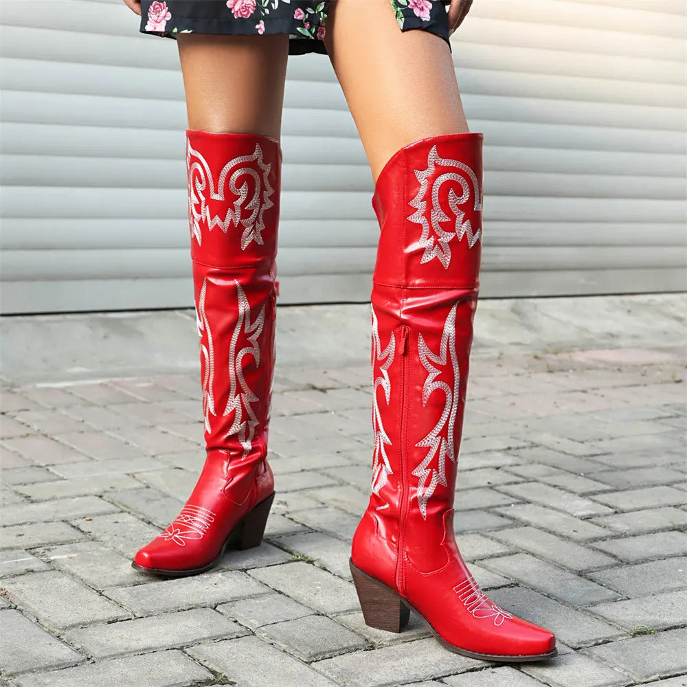 BLAZE - מגפי קאובוי מעל הברך עם רקמה עקב גבוה