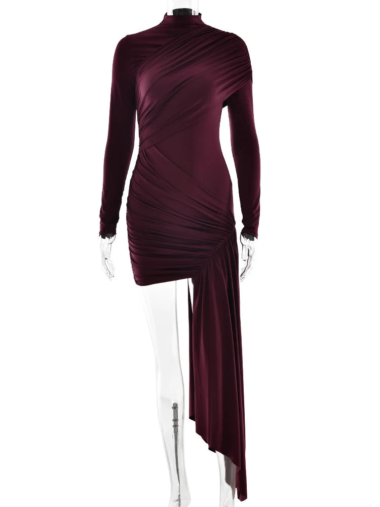 LEILA - שמלת מיני א-סימטרית קפלים שרוול ארוך דרייפ