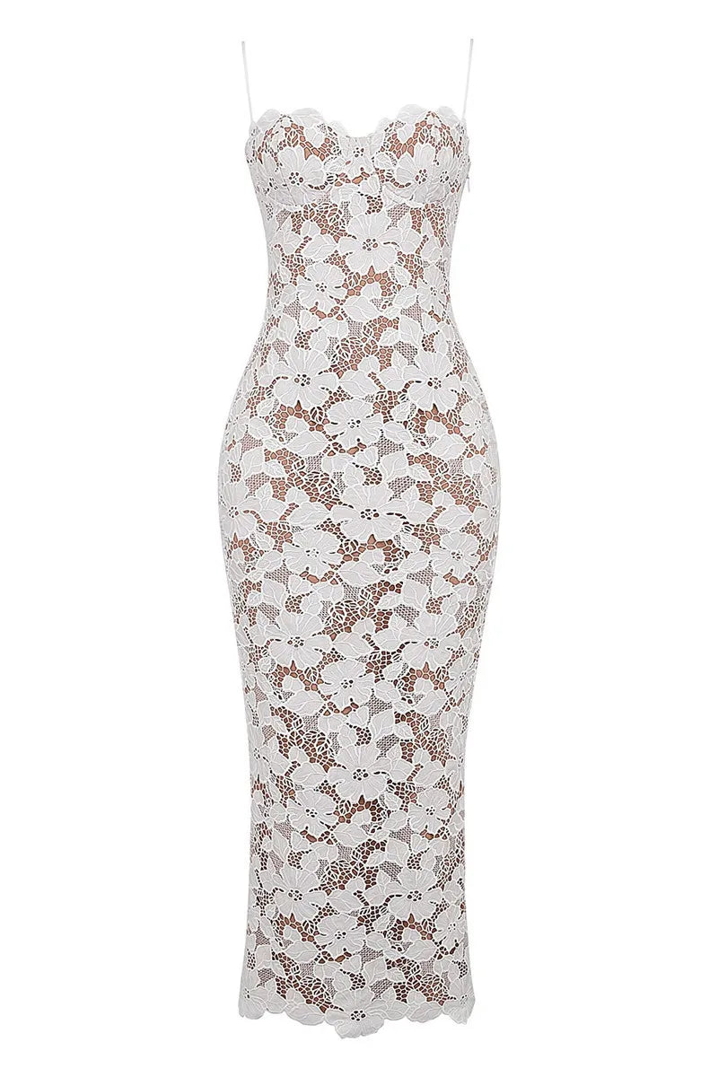 ANITA - שמלת תחרה פרחונית מקסי גב חשוף