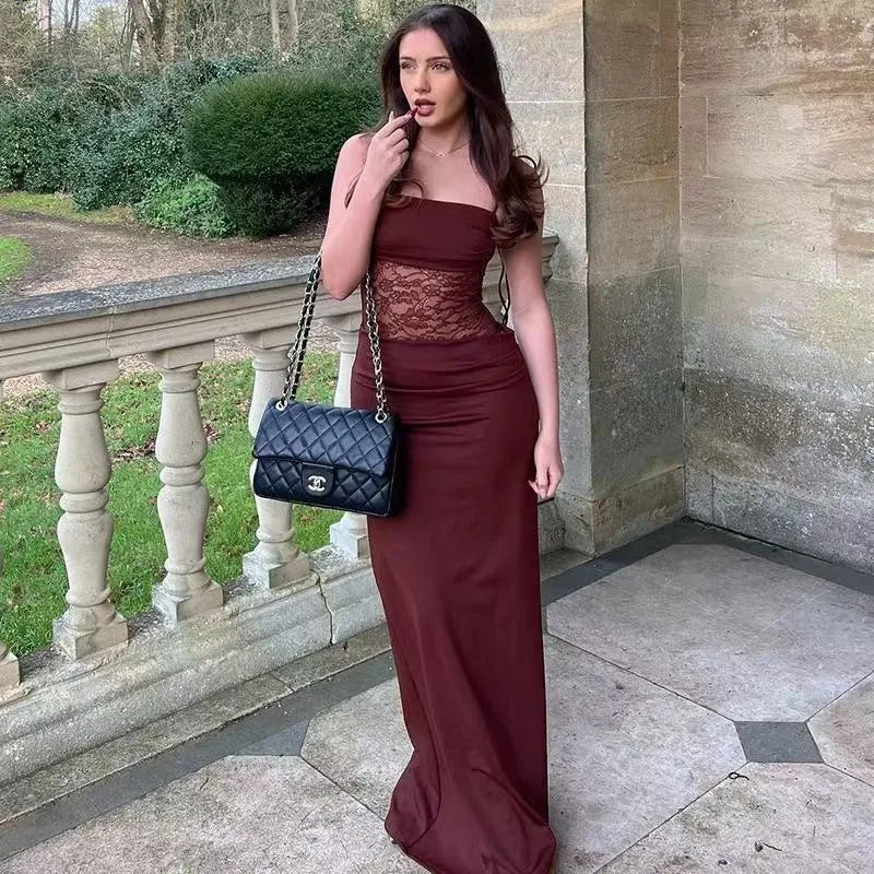 EVE - שמלת תחרה מקסי גב חשוף קשירה